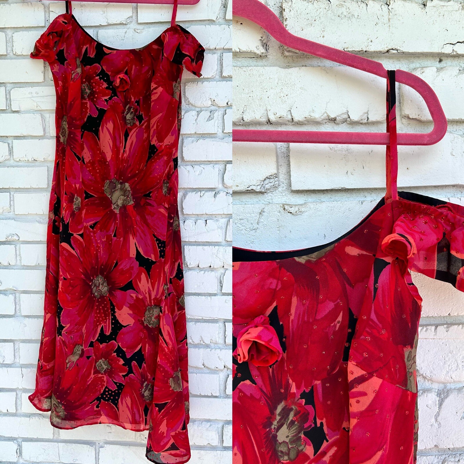 vintage y2k red sparkly floral midi dress L/XL