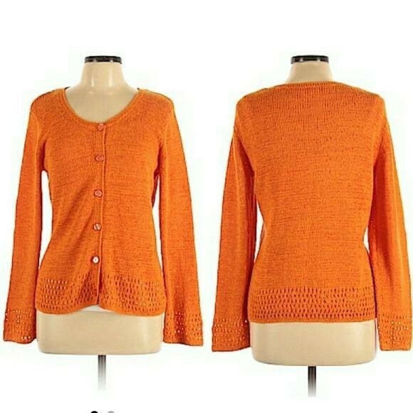 Vintage 80’s Coldwater Creek Cardigan L Orange Open Knit Eyelet Hem Button Down