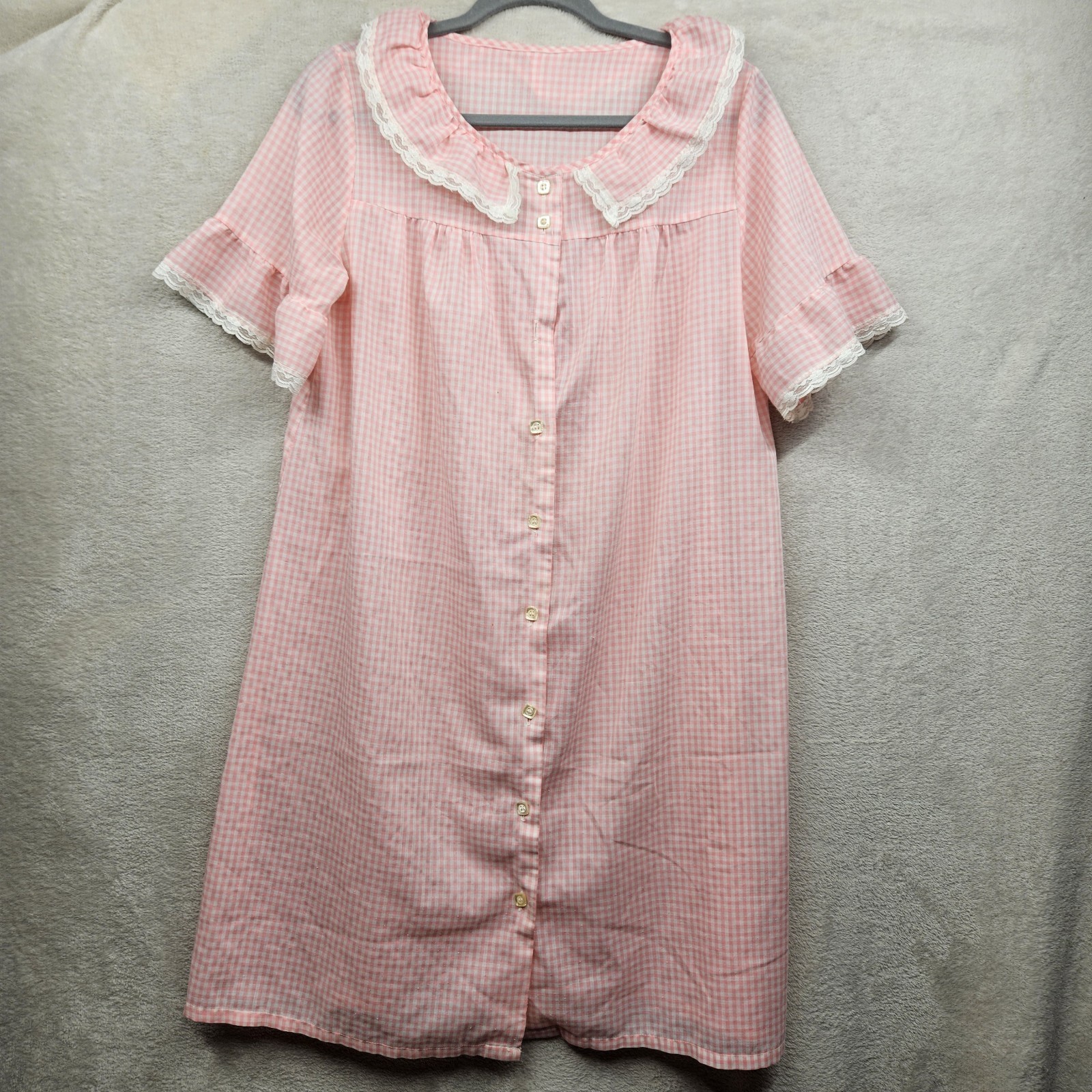 Vintage Dutchmaid Housecoat Womens Large Pink Gingham Nightgown Lace Ephrata PA