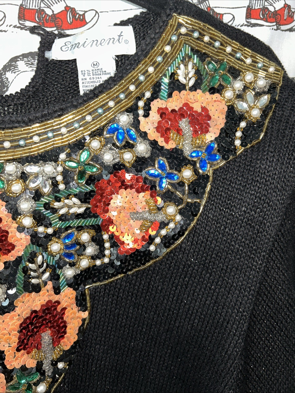 Eminent Sweater & Skirt Set Black Size M Gold Flower Beaded Embellished Top 80s