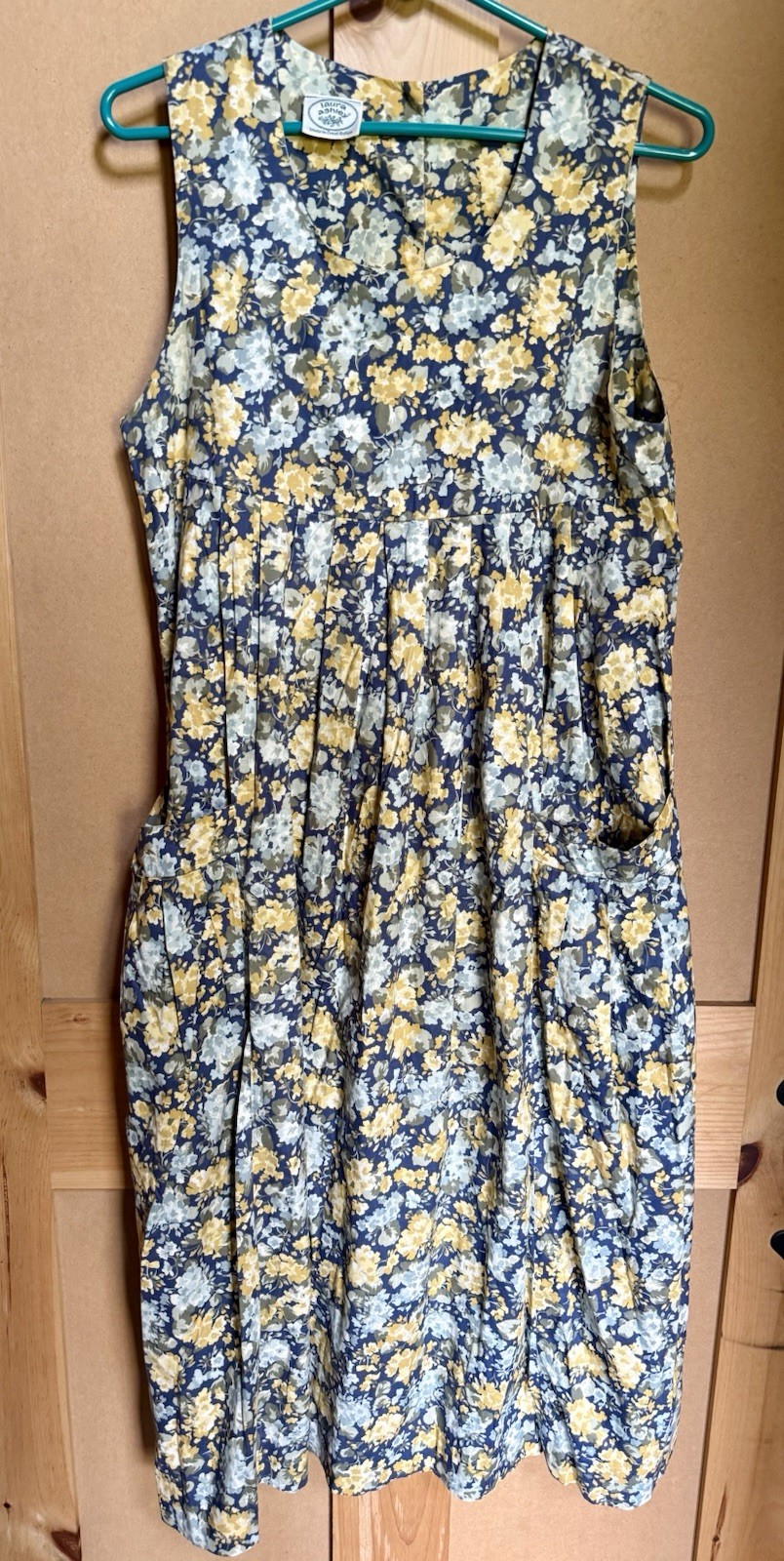 Laura Ashley Vintage Navy Yellow Floral Cotton Long Dress Large UK Made Size 4￼