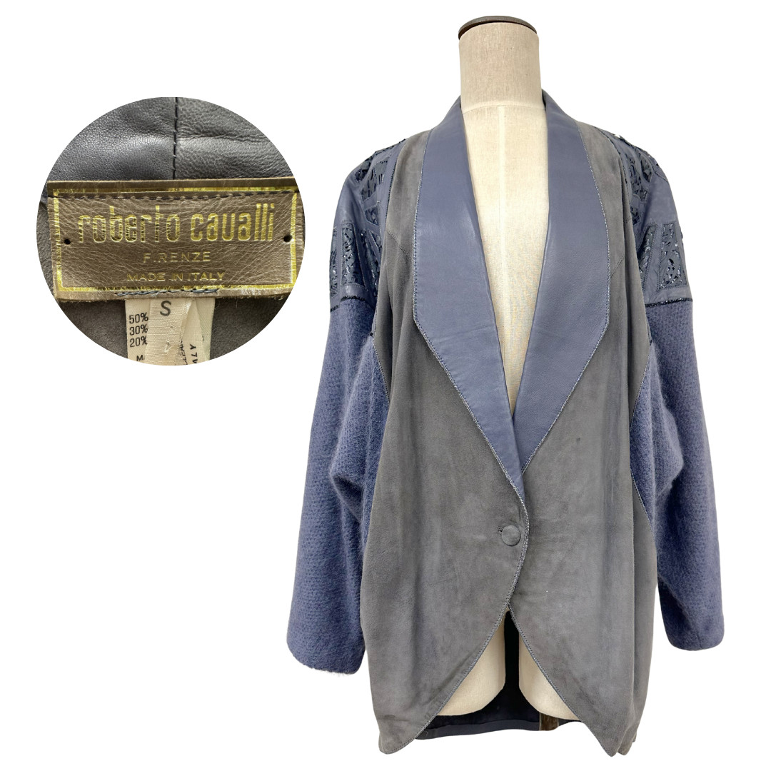 Vintage 1990s Roberto Cavalli Blue Grey Suede Cut Out Leather & Mohair Jacket
