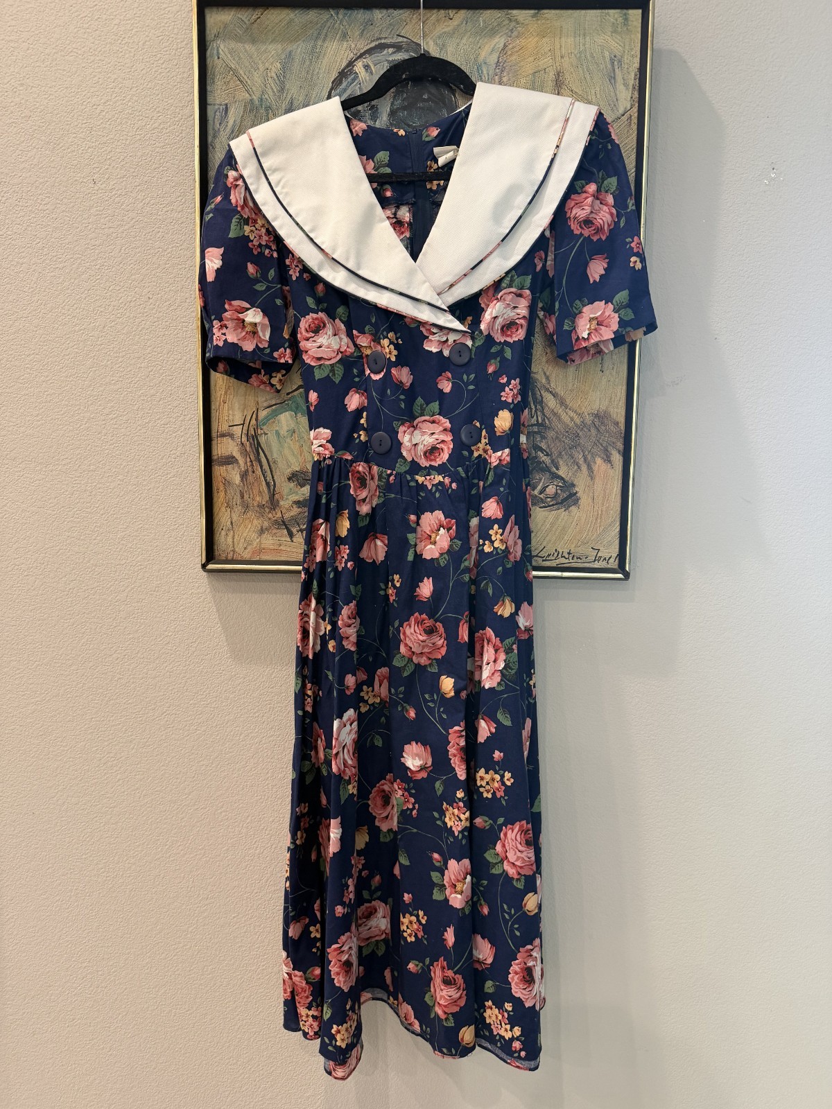 Vintage Miss Oops California Navy Floral Rose Maxi Dress Sailor Collar USA Made