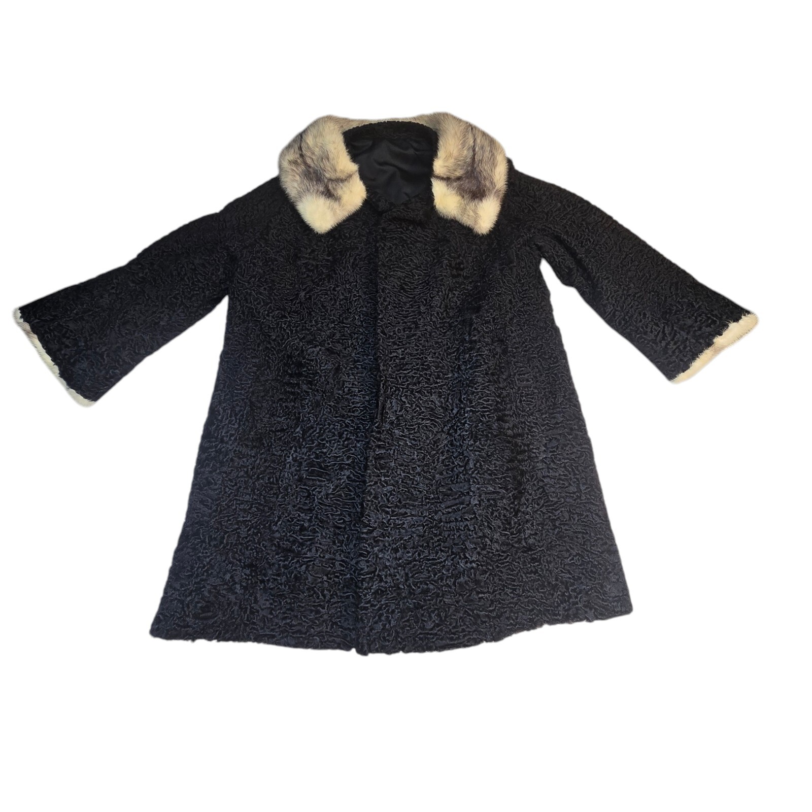 Vintage Black Lamb Style Brocade Fur Collared Overcoat Size L/XL