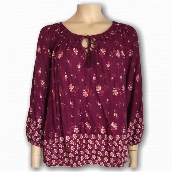 Lucky Brand Burgundy Floral Smocked Tassel Peasant Blouse Medium