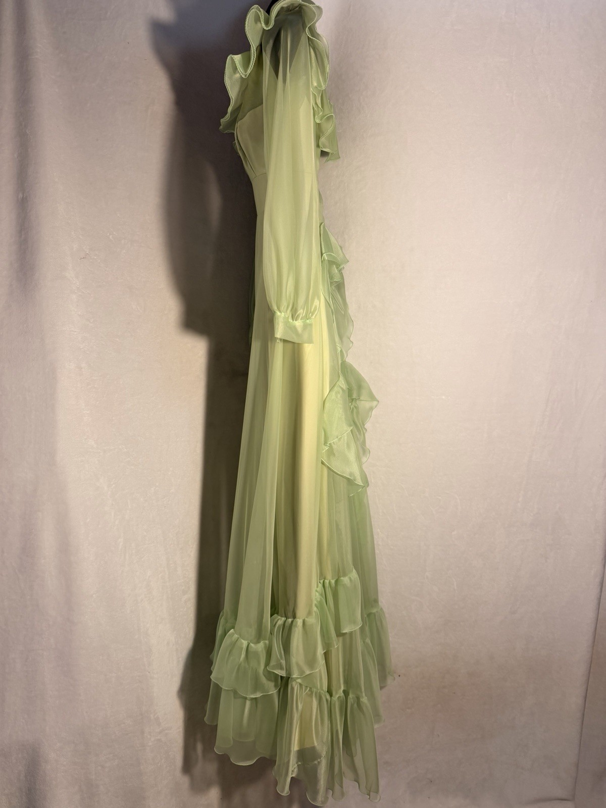 Vtg Mint Green Puffy Long Sleeve Maxi Cottagecore Prairie Ruffles Rare Dress
