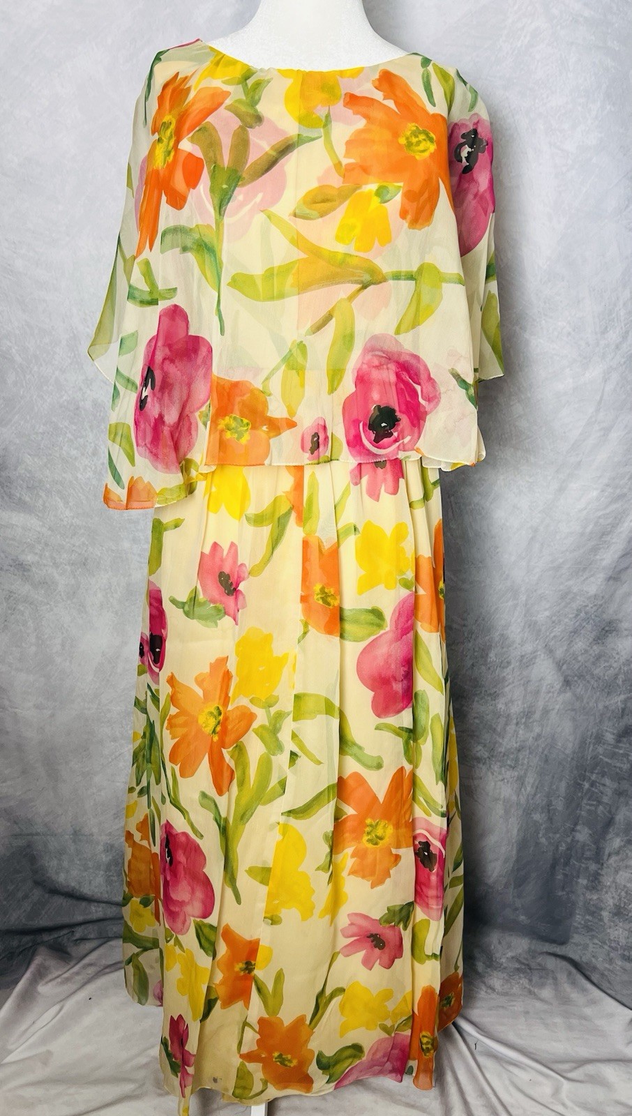 Vintage 1970s Kiki Hart Floral Watercolor Silk Chiffon Romantic Dress NWT Size S