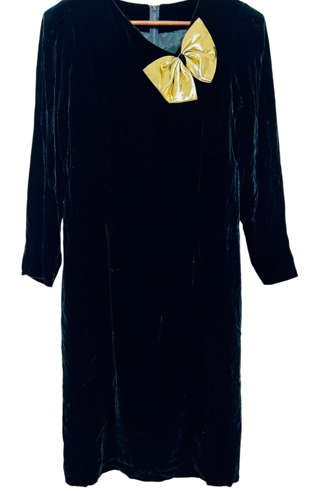 Vintage Halston III Black Velvet Dress sz8 Shoulder Pads Gold Bow Long Sleeve