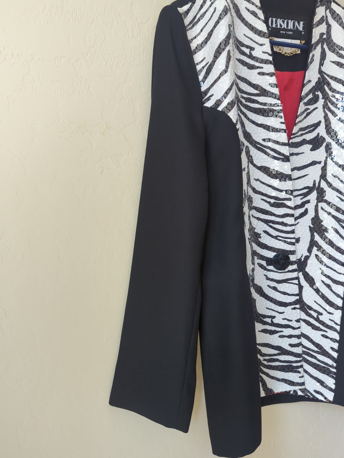 Vintage Woman Sz L Criscione New York Black Blazer Sequin Lined Zebra Design USA