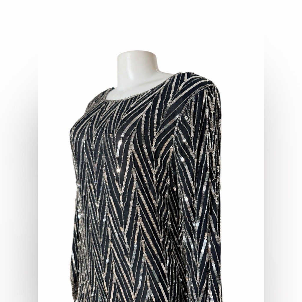 VTG 80s Sweelo Beaded Silk Dress Black Silver Extravagant Sequin Chevron Size M