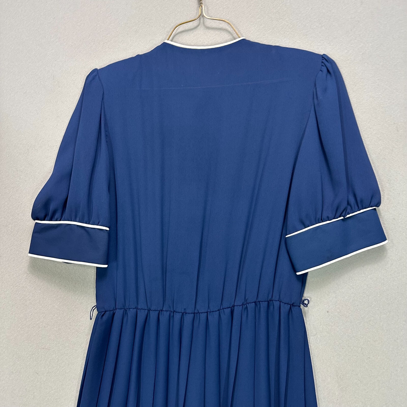Vintage 70s 80s Navy Blue Dress Size 6 Sailor Pleated Short Sleeve Puff Belted