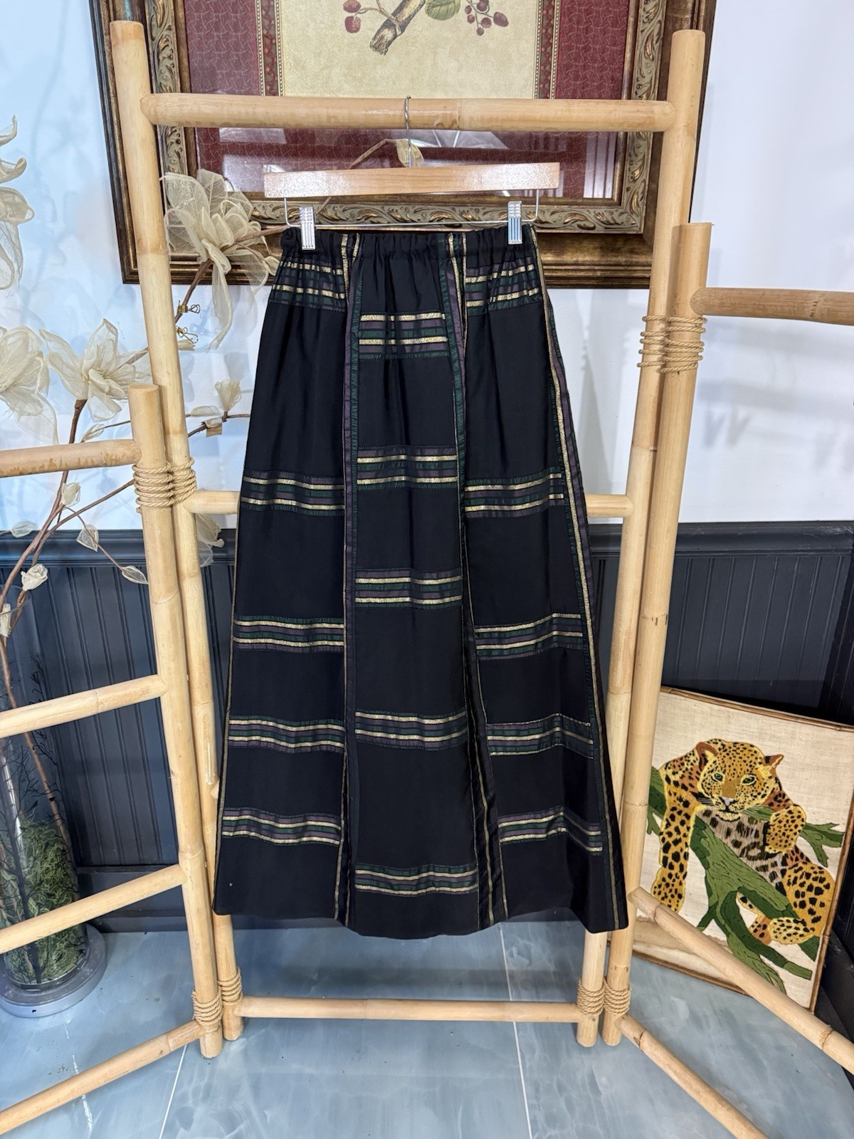 Vintage Mr Hank Black and Gold Plaid Elastic Waist Maxi Skirt Sz Small 💚🍄