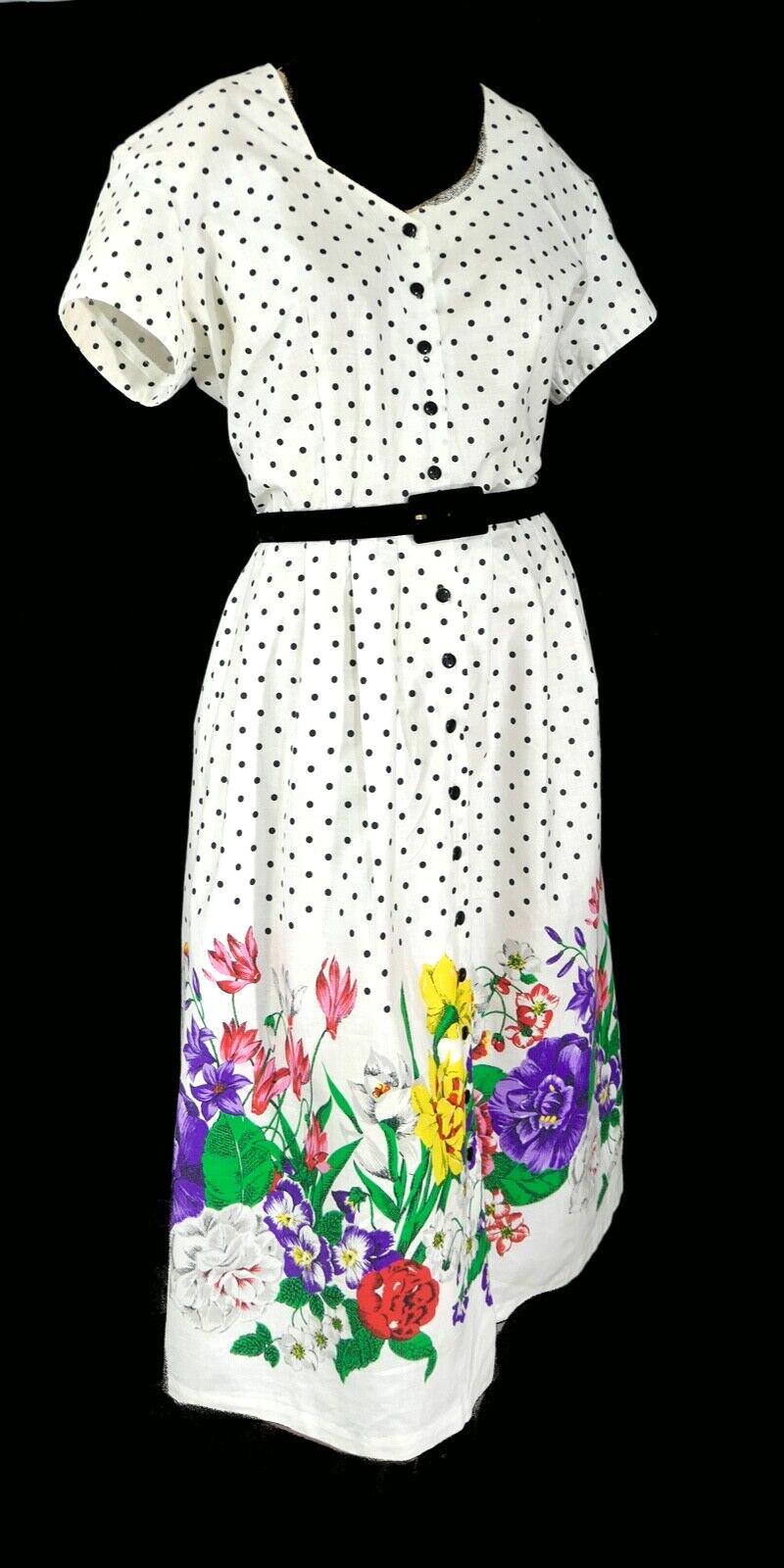 Vintage 70s 80s Barrie Cotton A Line Shirt Dress Polka Dot Floral Country XL