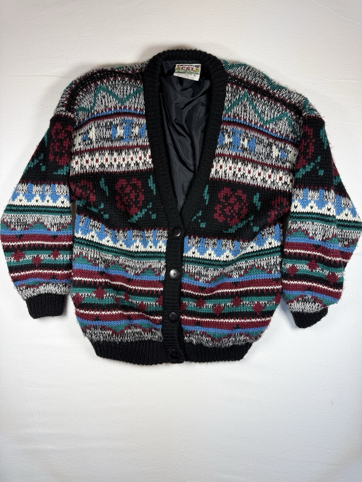 Vintage C.S.L. Cherry Stix Lined Button Up Cardigan Sweater Size M Grandpacore
