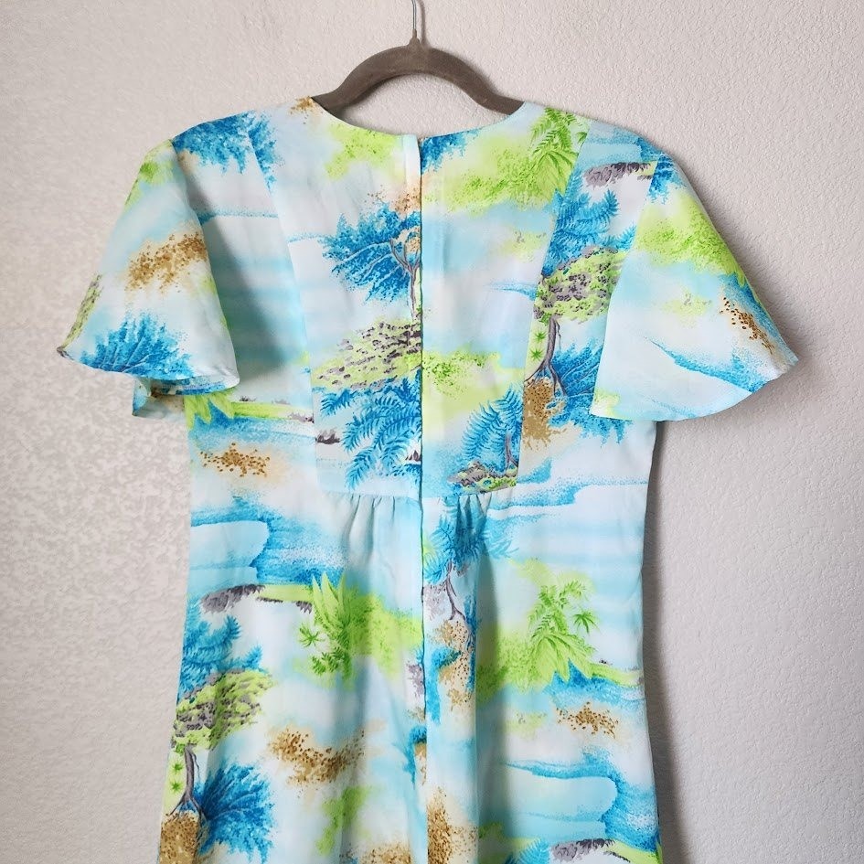 PENNEY’S HAWAII 70’s Maxi Dress Tropical Flutter Sleeve Blue Green Bright
