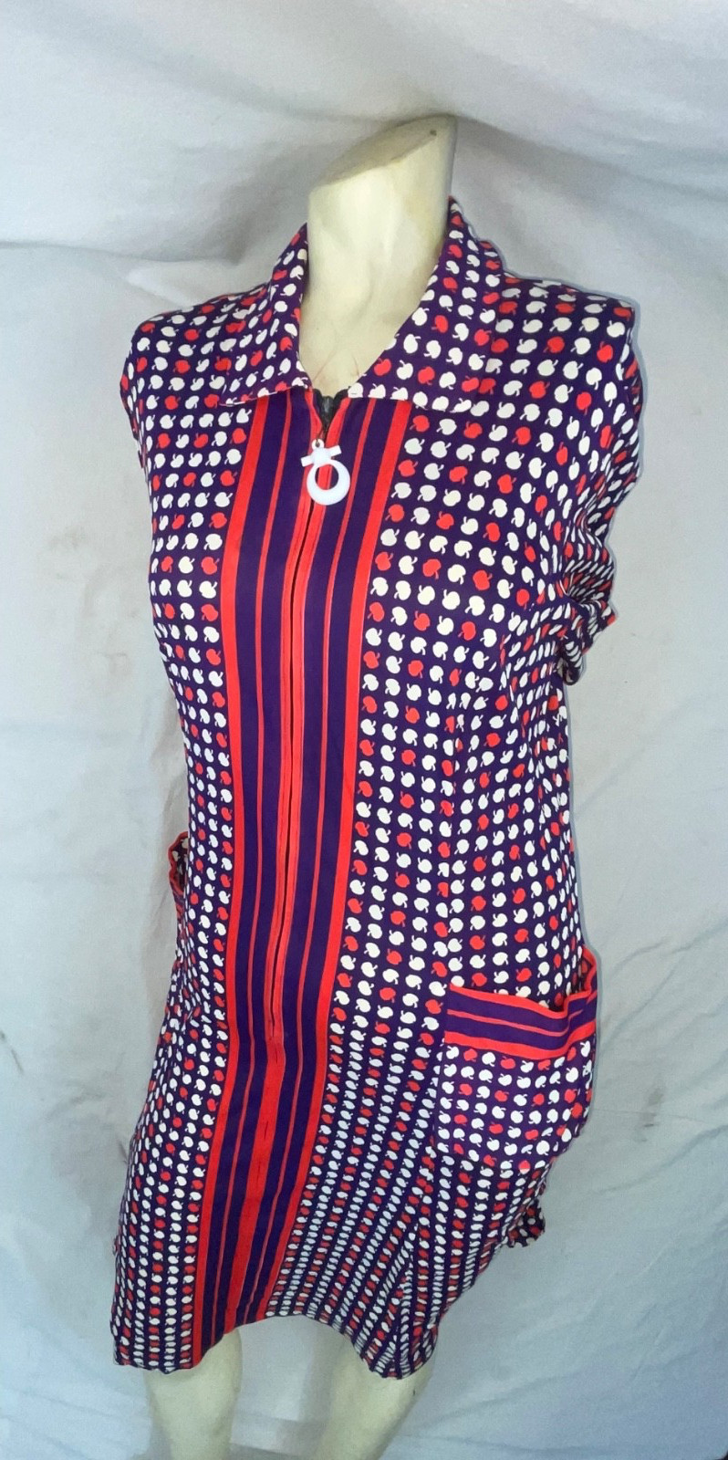 VTG 60S WOMEN GEOMETRIC APPLE PRINT RETRO DISCO MOD FRONT ZIP GOGO SCOOTER DRESS