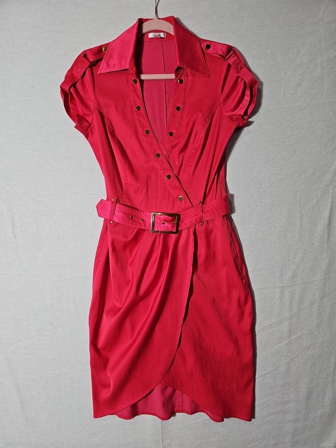 Vtg 90s/Y2K CACHE Dress 8 Pink Belted V Neck Short Sleeve Faux Wrap Gold Button