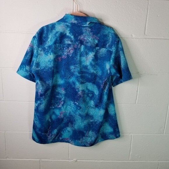 Vtg 70s blue print dagger collar short sleeve top unisex see measurements