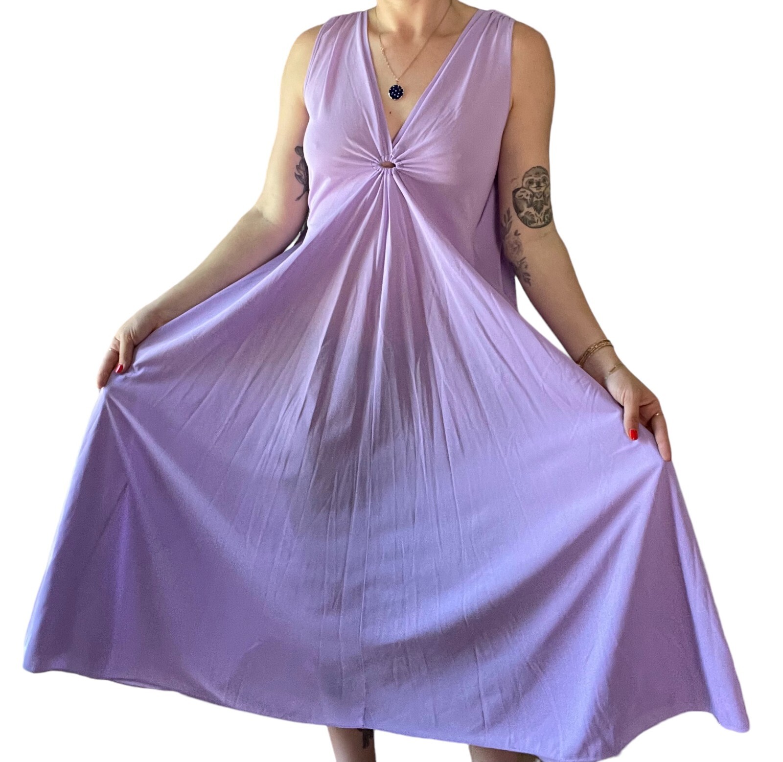 Vintage 1970s Womens Lavender V Neck Retro Disco Mid Mod Maxi Dress Sz M