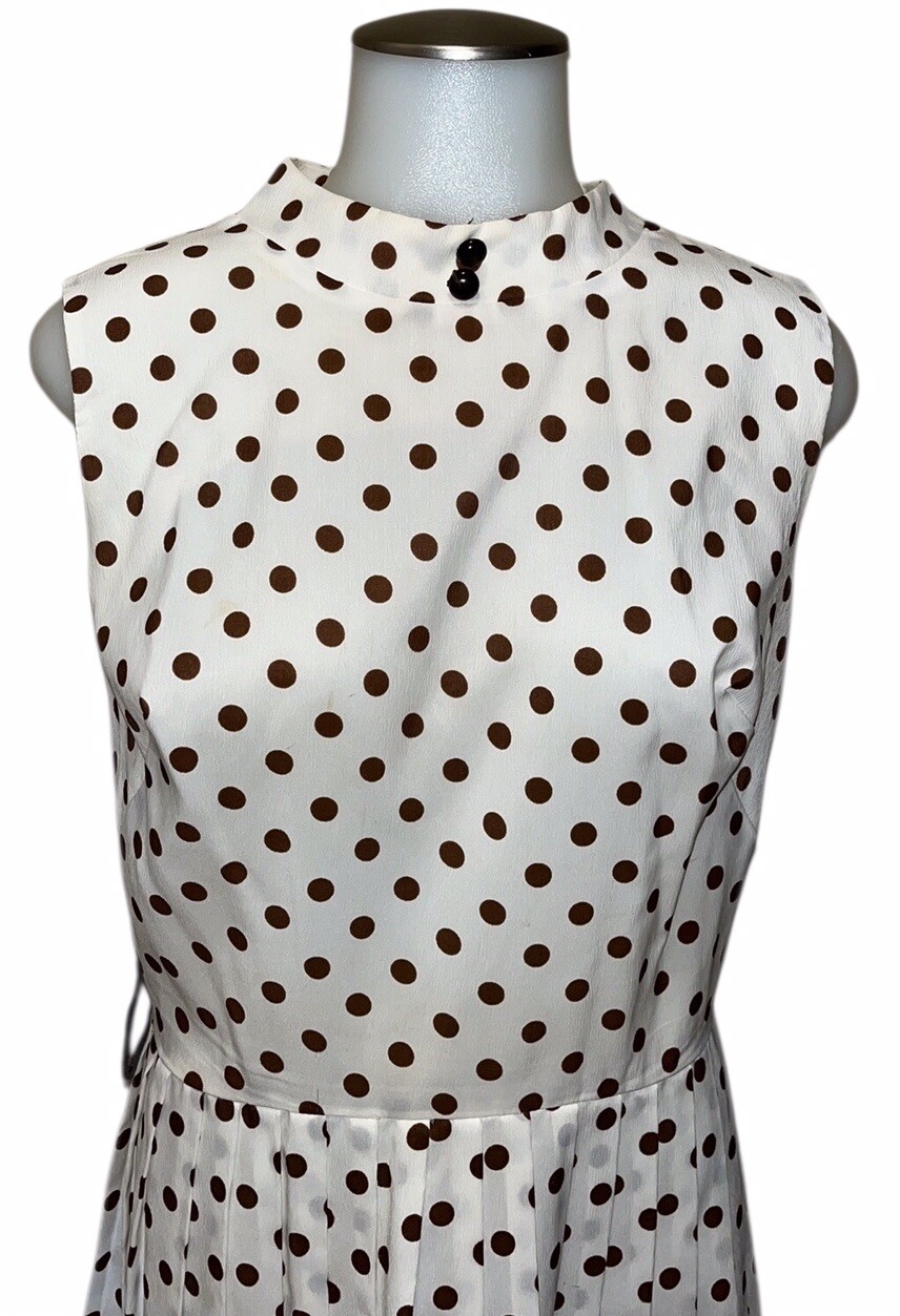 Vtg Alden’s Fashions MCM 70s Dress W/Pleated Skirt~Cream W/Brown Polka Dots~READ