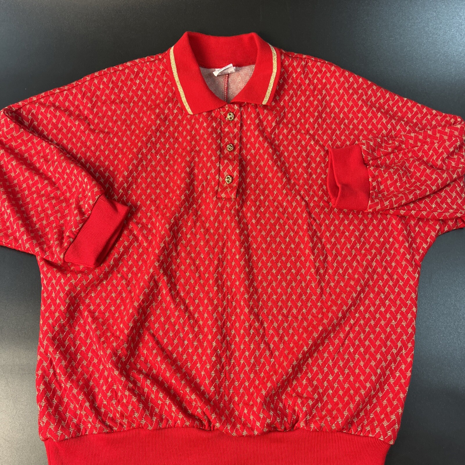 Vintage 80s Red & Gold Check Granny Core Collard Pullover Top Women Large/1X USA