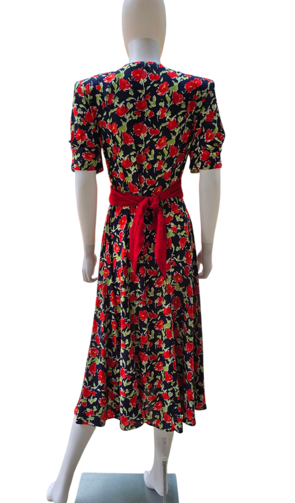 VTG 80s Does 40s Carole Little Rayon Gauze Red White Blue Floral Print Dress S M