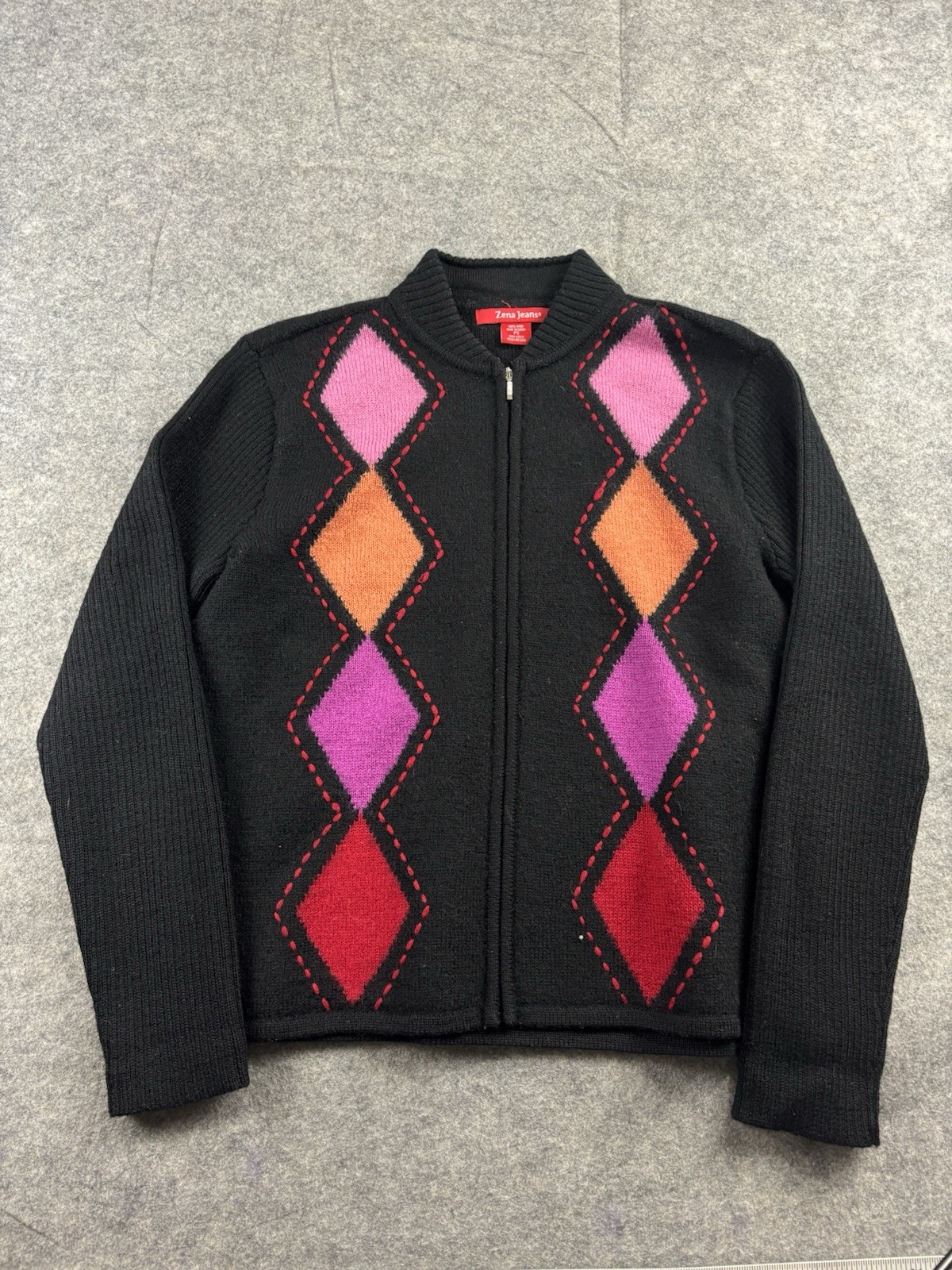 Zena Jeans VTG Argyle Diamond Zip Up Jacket Long Cardigan 100% Wool Women’s PS