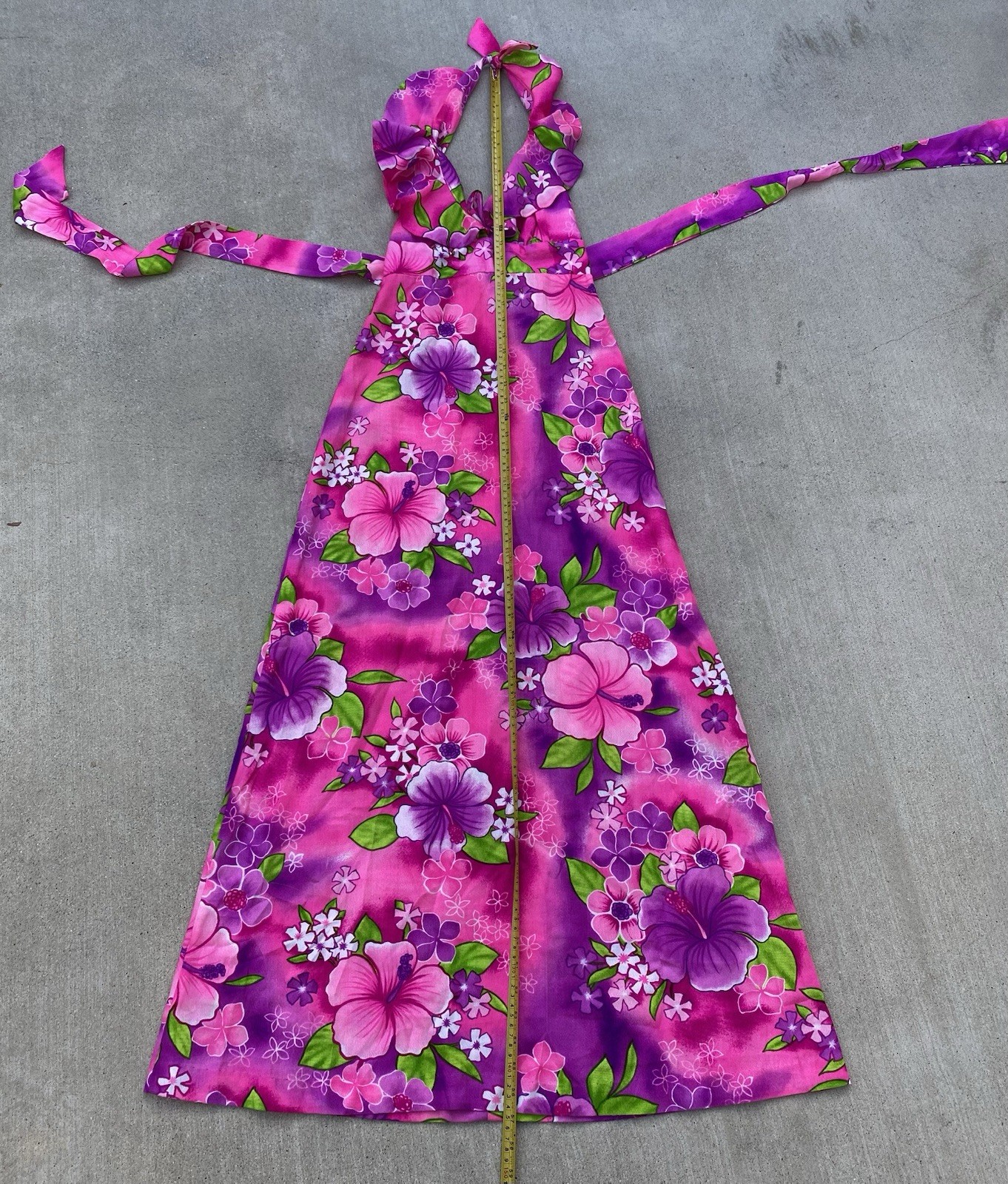 Vintage Pomare Hawaii Acrylic Hawaiian Halter Dress Ruffle Top Tiki Aloha Pink