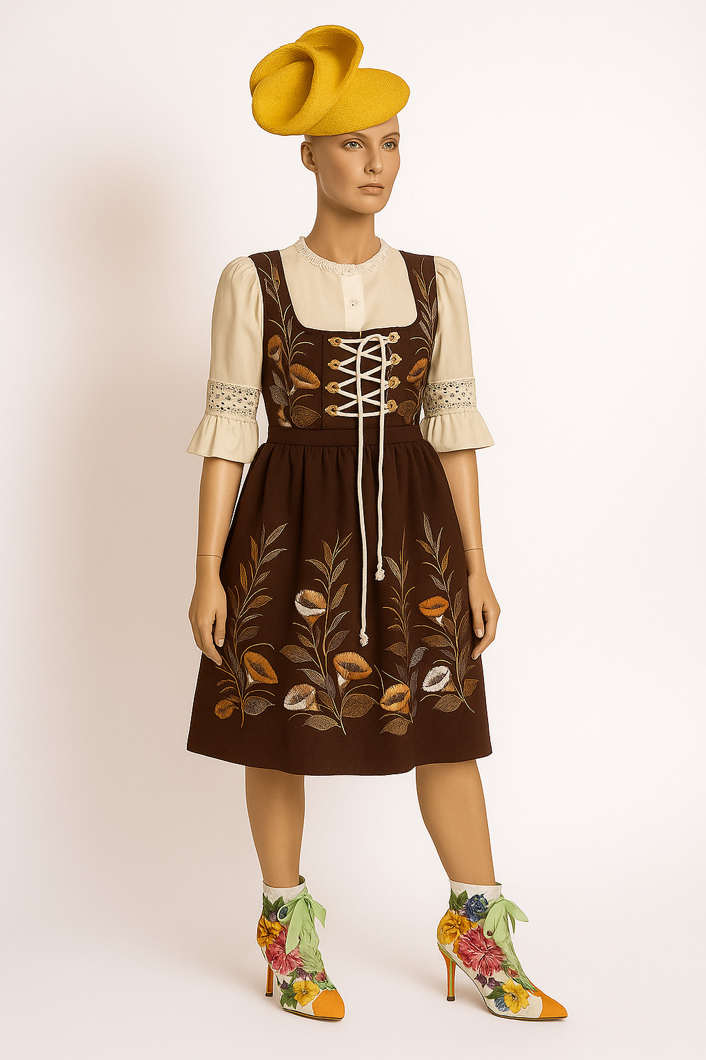 Vintage dirndl rose Salzburg brown embroidered with blouse bobbin lace size 42/44