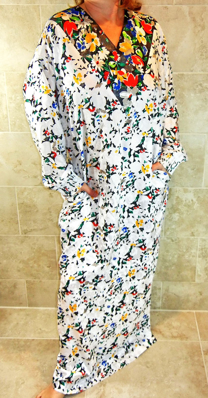 GEORGETTE TRABOLSI DESIGNER VTG FLORAL PRINT SILKY MAXI DRESS NIGHTGOWN M L EVC