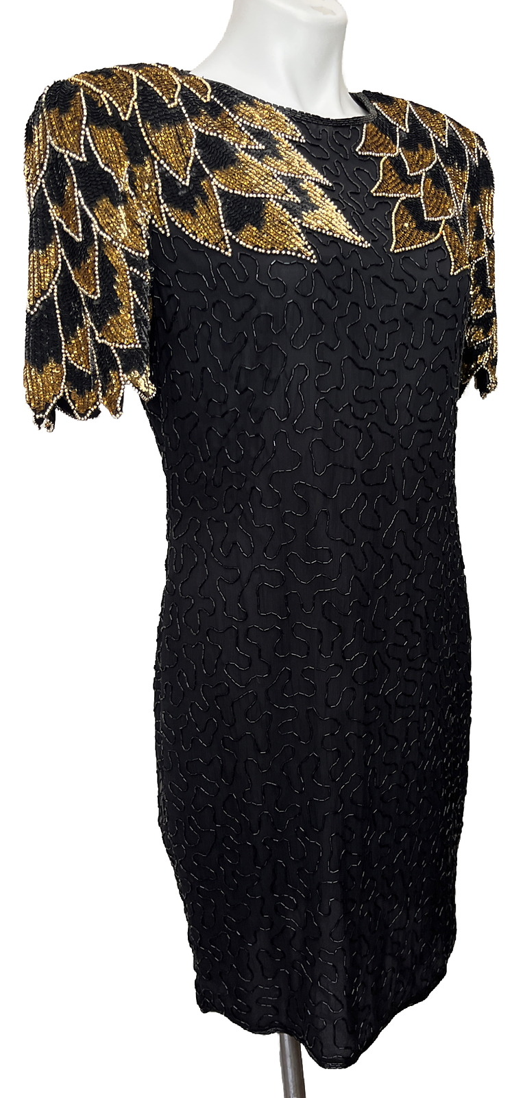 NOS Beaded Wing Sleeve Silk Dress SZ M Black Gold Amor Regency Hollywood Rocker