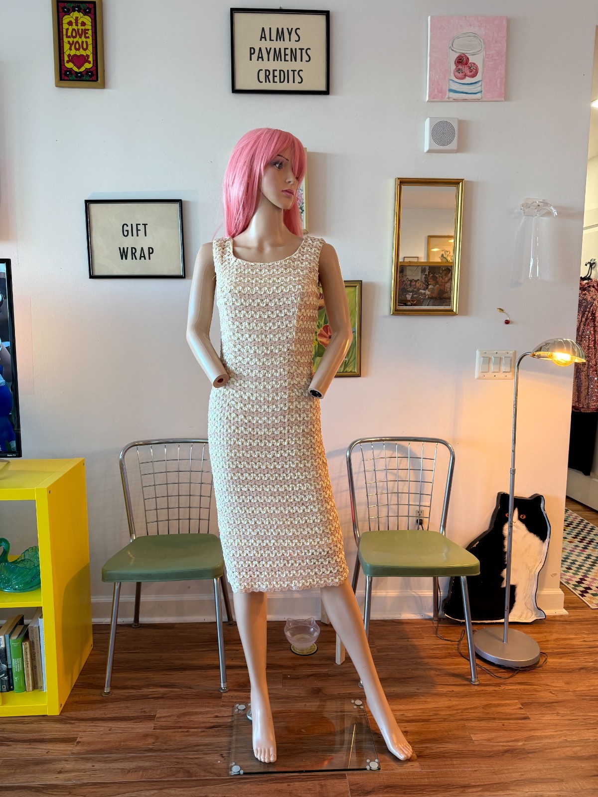 💖 Vtg 50s Pink White Sequin Knit Pinup Bombshell Bodycon Glimmer Dress S M
