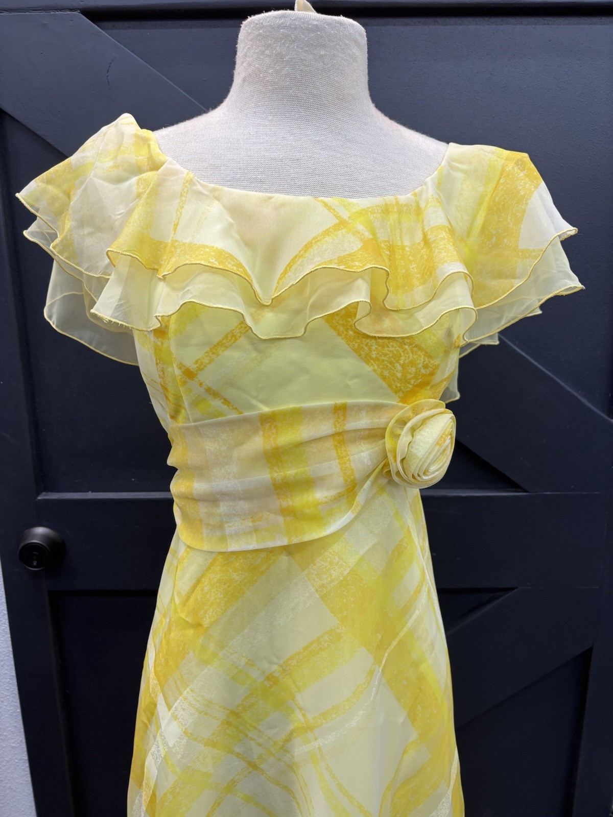 1970s Yellow Plaid Ruffled Floral Party Maxi Dress Gown Summer Spring ILGWU VTG