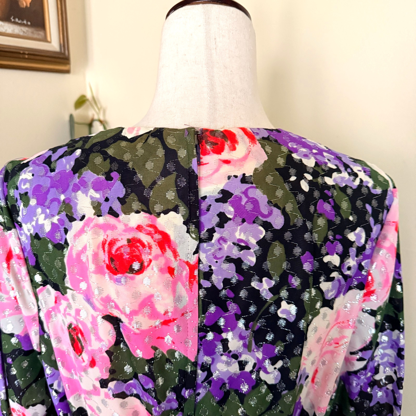 Vintage Purple Floral Hostess Gown Empire Waist Maxi Dress Silver Lurex Dots