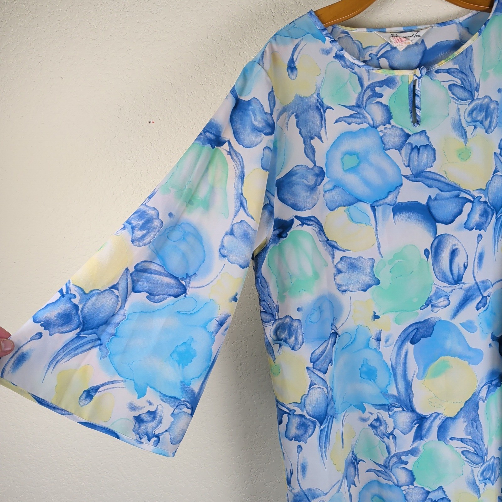 Diamond Tea Vintage Watercolor Floral Maxi Dress Large Blue Green Loungewear 90s