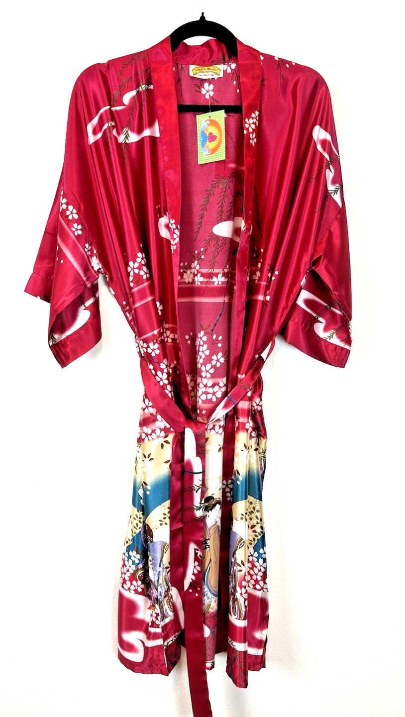 VTG ORIENTAL VILLAGE NWT Women’s Silk Robe Red Floral Geisha Bathhouse Kimono