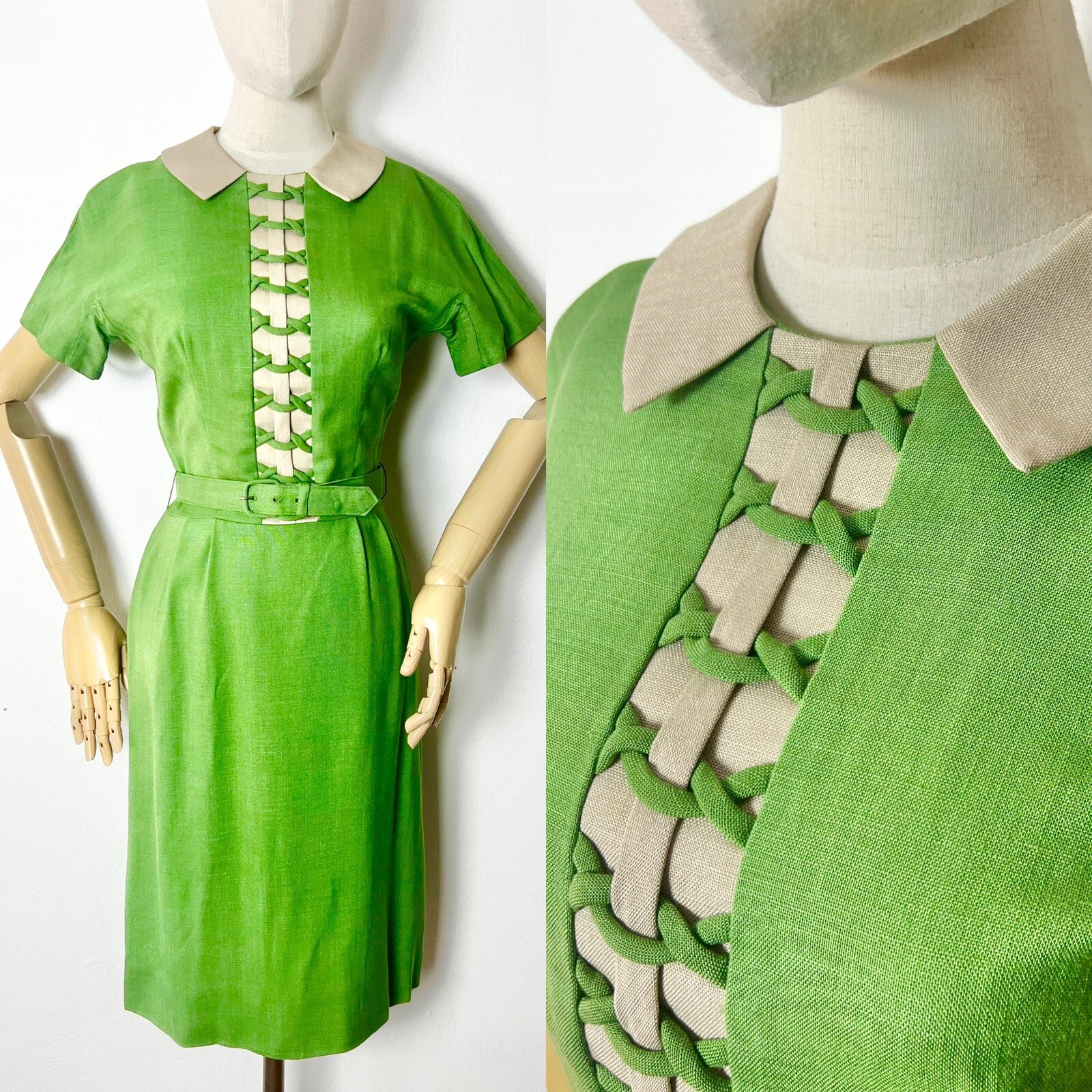 GAY GIBSON 1950’s 50s 60’s 60 Vintage Green Tan Lattice Day Linen Dress Belt S