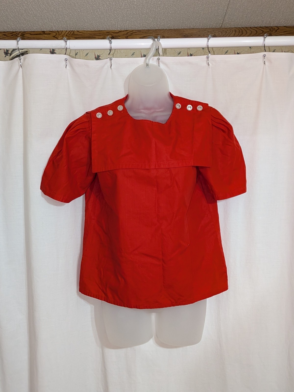 VTG 60s Career Guild Red Poplin Short Sleeved Blouse W/ Detachable Collar Sz M