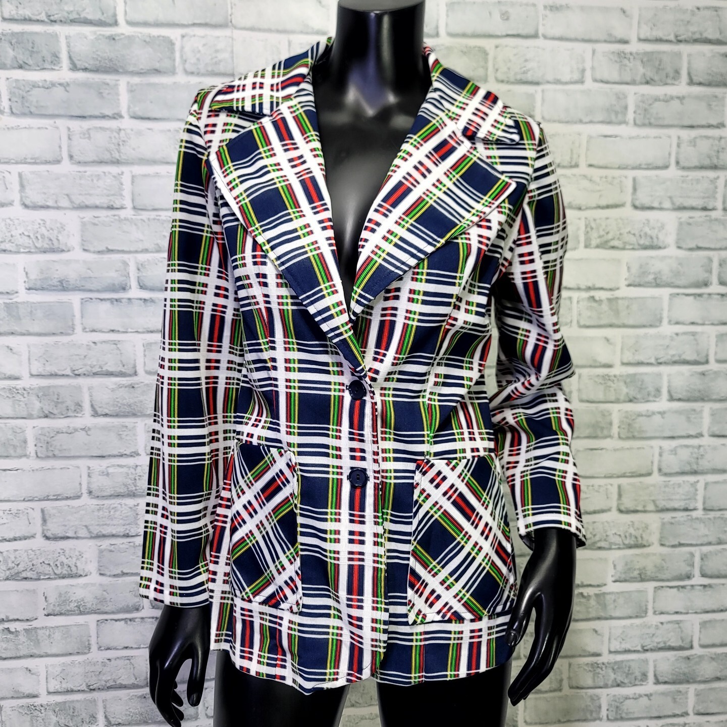 Vintage 70s Womens Colorful Plaid Double Knit Polyester Blazer Disco Career Cas