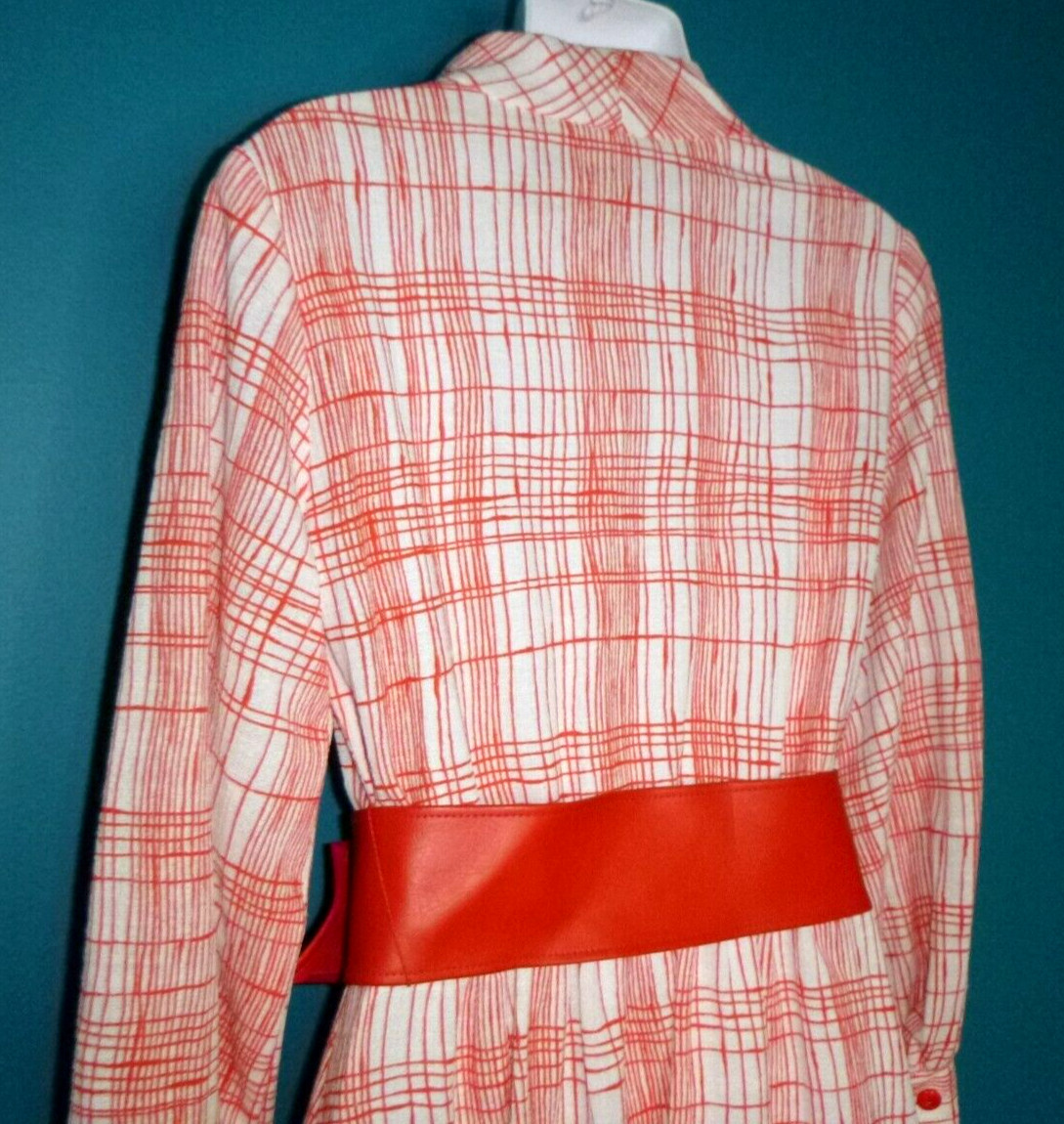 NWT Vtg 70s Discovery I Red White Plaid Poly Maxi Dress W/ WIDE Belt Sz 12 NOS