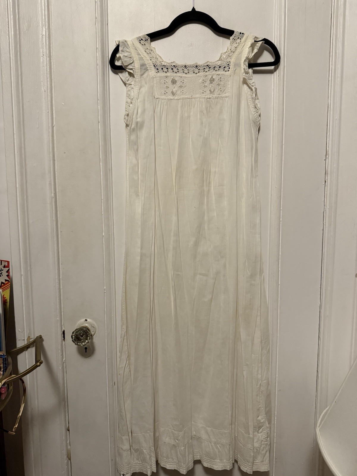 Antique 1910s Edwardian White Cotton Chemise Nightshirt Floral Embroidery Eyelet