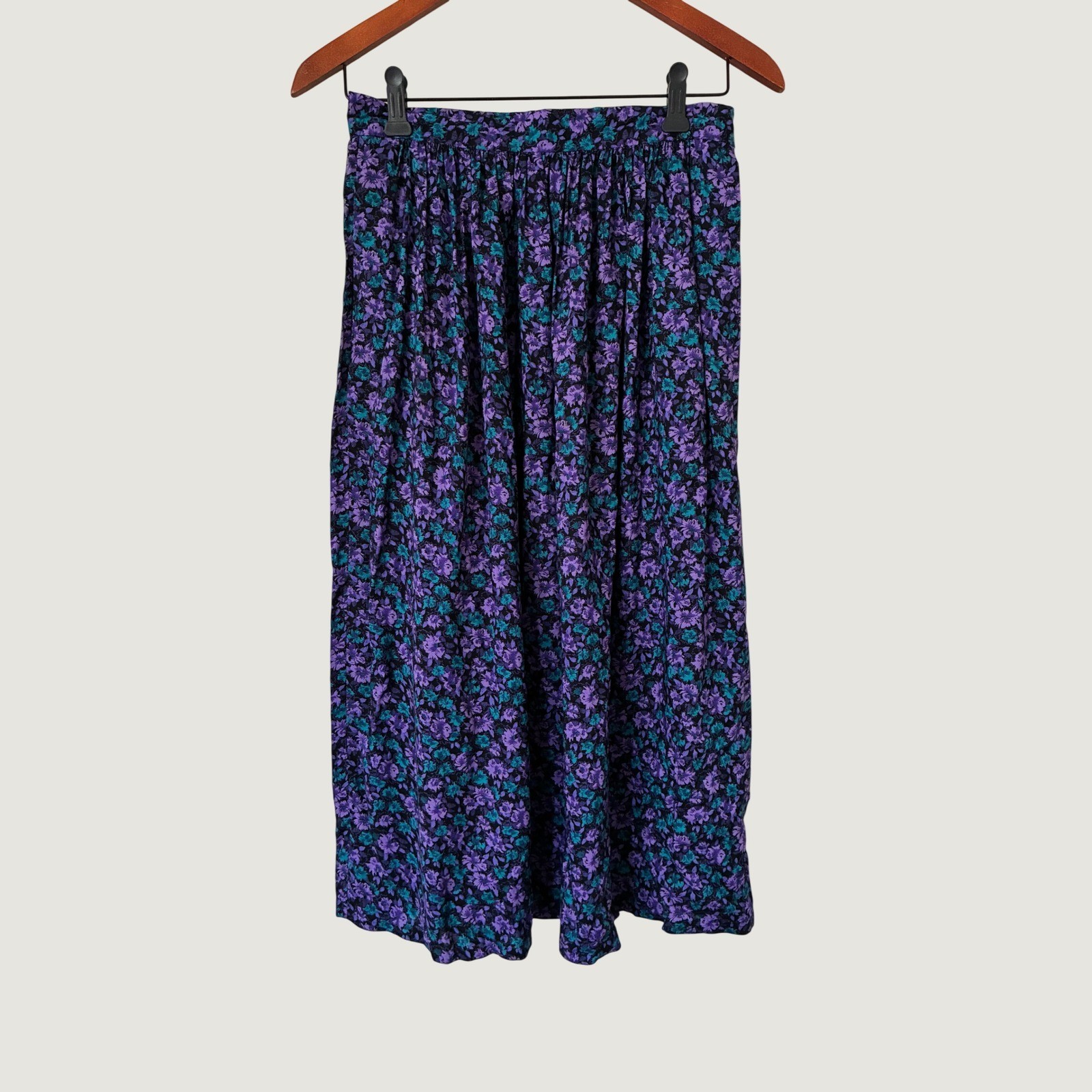 Vintage Purple Teal Floral Midi Skirt High Waisted Pockets Cottagecore Boho chic