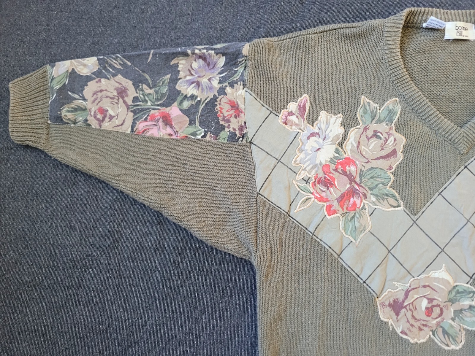 Vintage 80s 90s Batwing Applique Floral Sweater Cotton Ramie Neutral Size Large