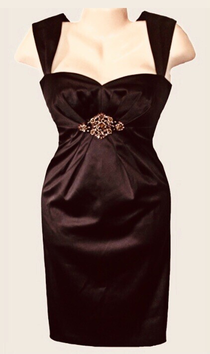 Vintage 90s ELIZA J Brown Satin Dress Size 8 Sweetheart Neckline Rhinestones
