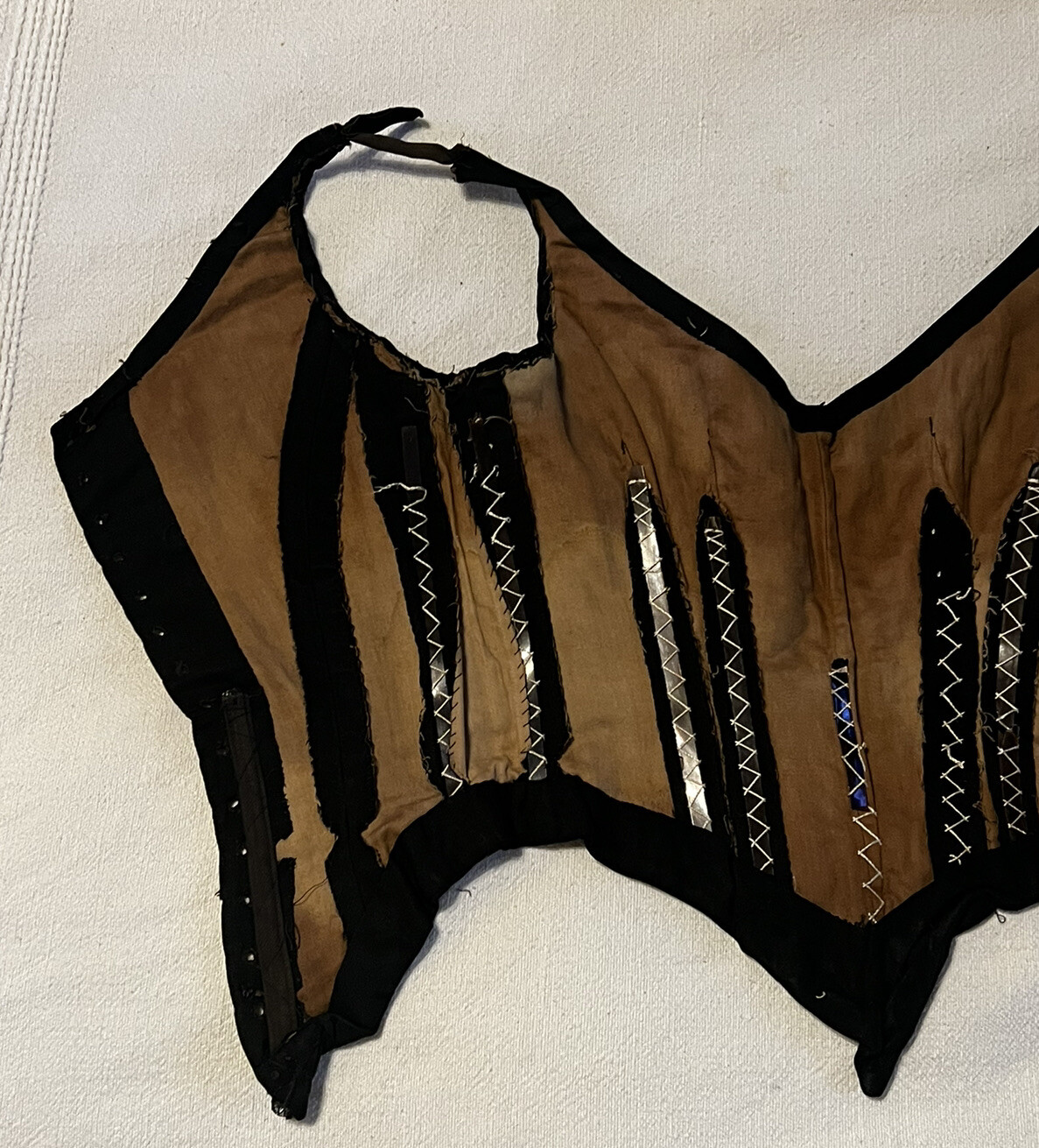 Antique 1930s Black Silk Corset Lace Up Boning Top VTG Bustier Steampunk Gothic