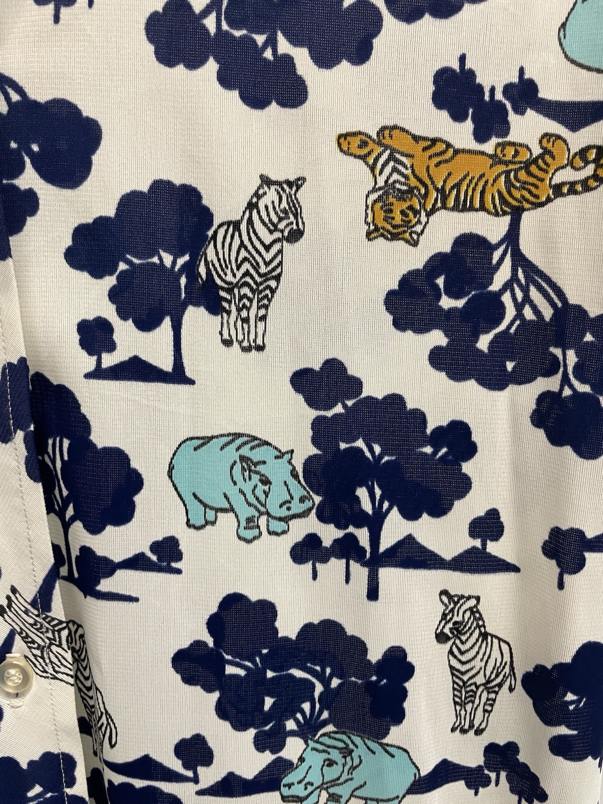 VTG 70s Animal Safari Motif Daggar Collar Short Sleeve Button Up Shirt Women’s M