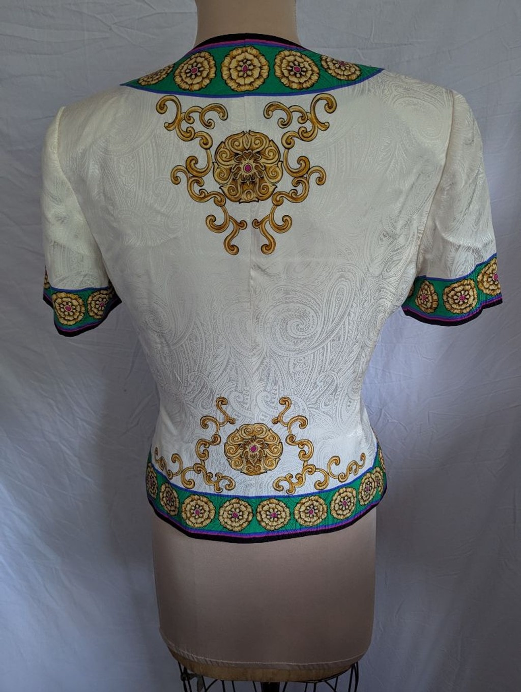 Vtg 100% Silk Baroque Floral Button Front Blouse Cream Gold Regencycore Sz 8