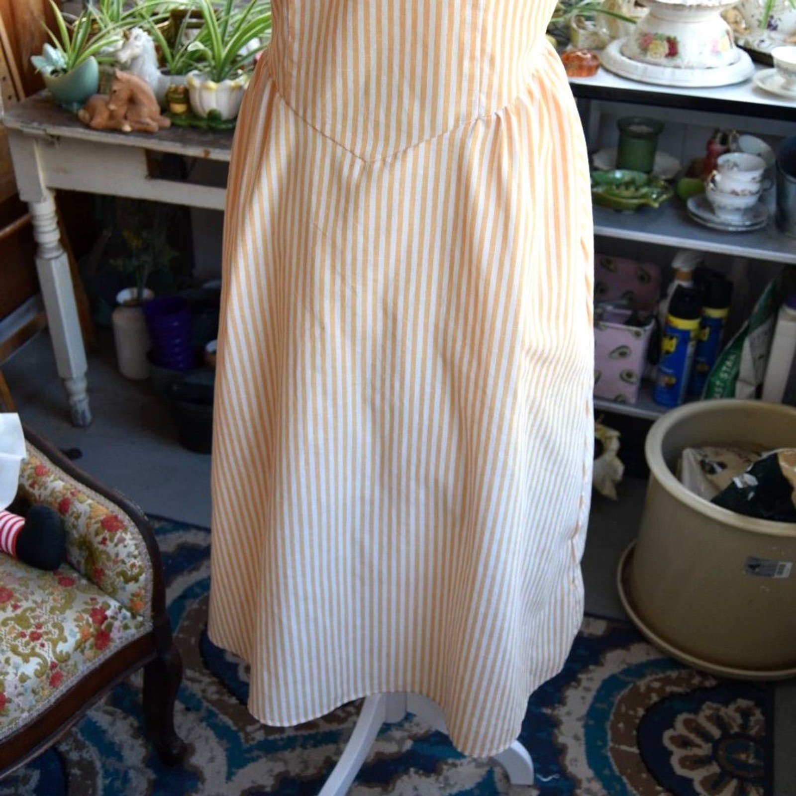 Vintage 60s Yellow White Striped Dress Side Zip Drop Waist Midi M