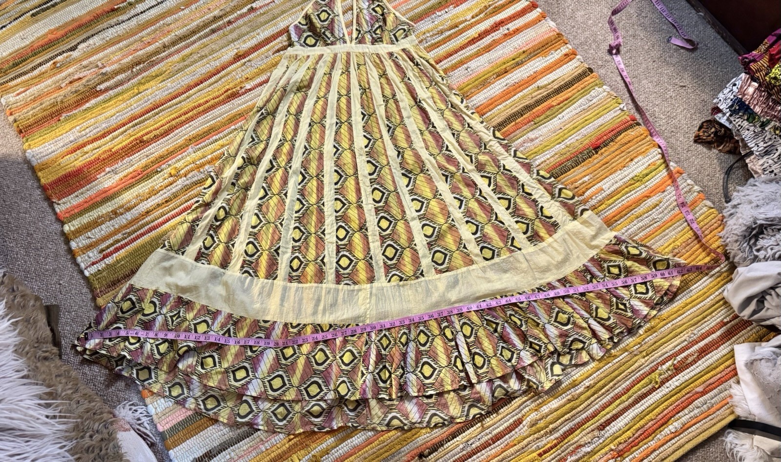 Vtg Yellow 70s Halter Gauze Cotton India Maxi Dress Full Sweep Hostess Boho Glam