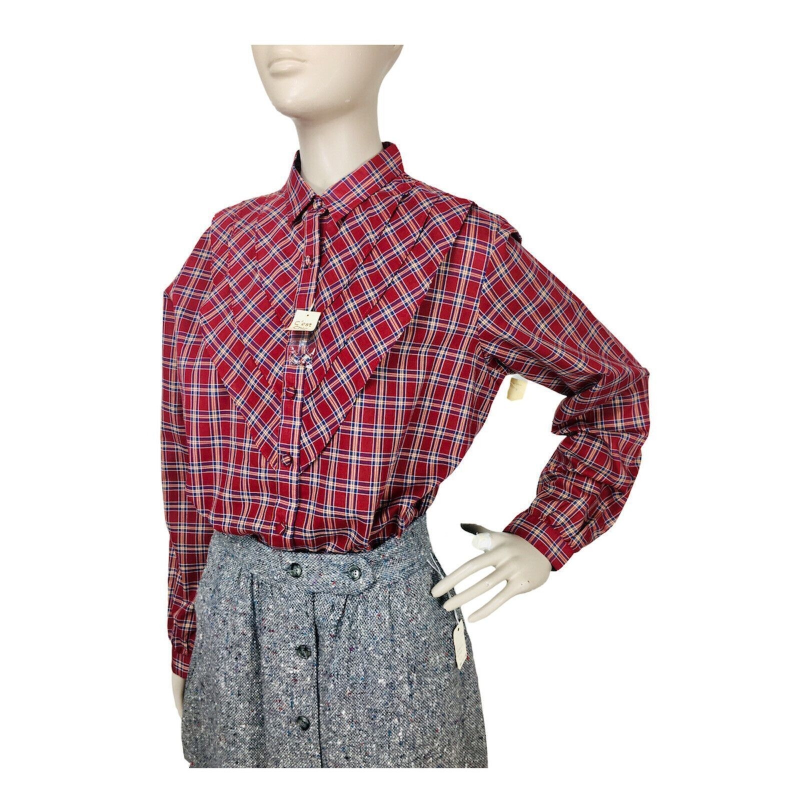 Vintage 80s Boho Western Cowgirl Plaid Ruffle Front Button-Down Blouse NEW